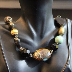 Artisan Ceramic Stone Glass Wire Wrapped Beaded Necklace